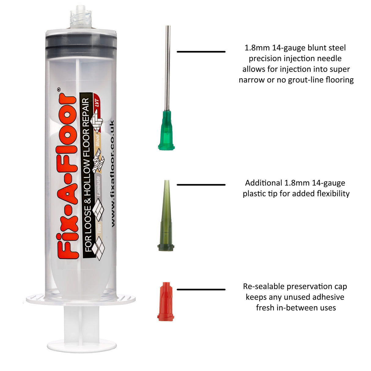 Fix-A-Floor 60ml Syringe Kit with flat stainless steel needle, Plastic applicator & Sealing Cap - Ideal for areas with Thin grout-lines - (Adhesive Not Included)