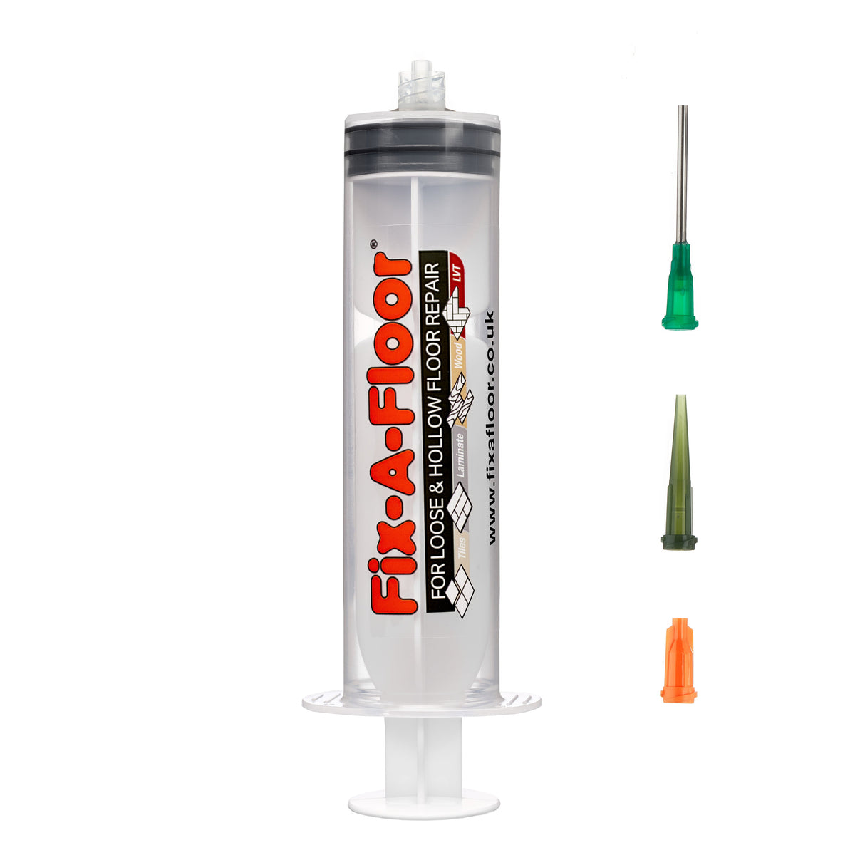 Fix-A-Floor 60ml Syringe Kit with flat stainless steel needle, Plastic applicator & Sealing Cap - Ideal for areas with Thin grout-lines - (Adhesive Not Included)