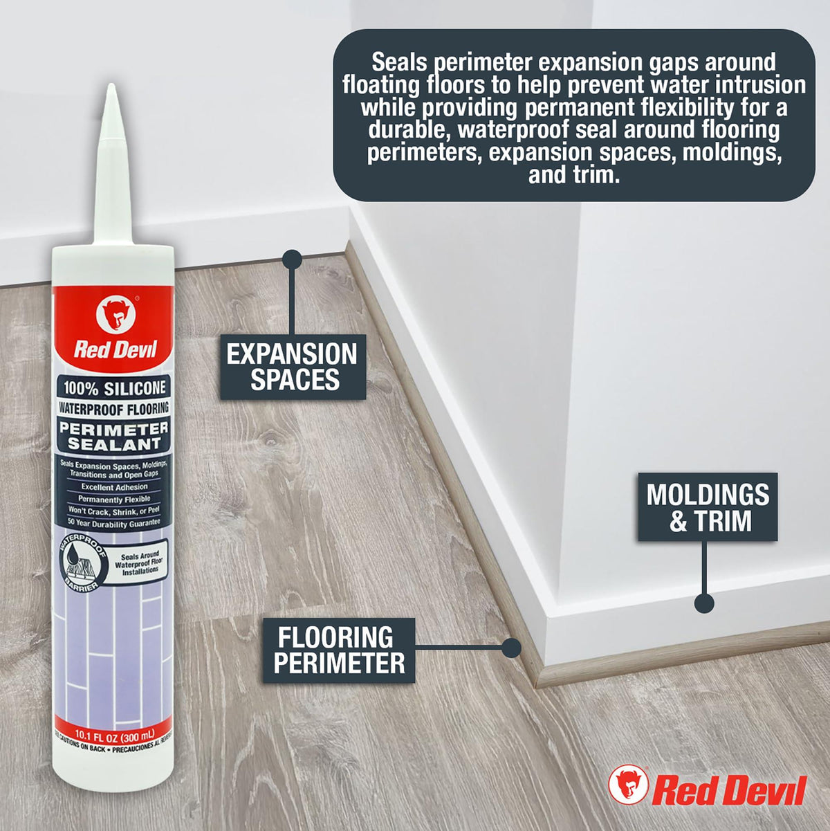 Red Devil 082545 100% Silicone Waterproof Flooring Perimeter Sealant, 10.1 oz., Dark Wood, 1 Pack