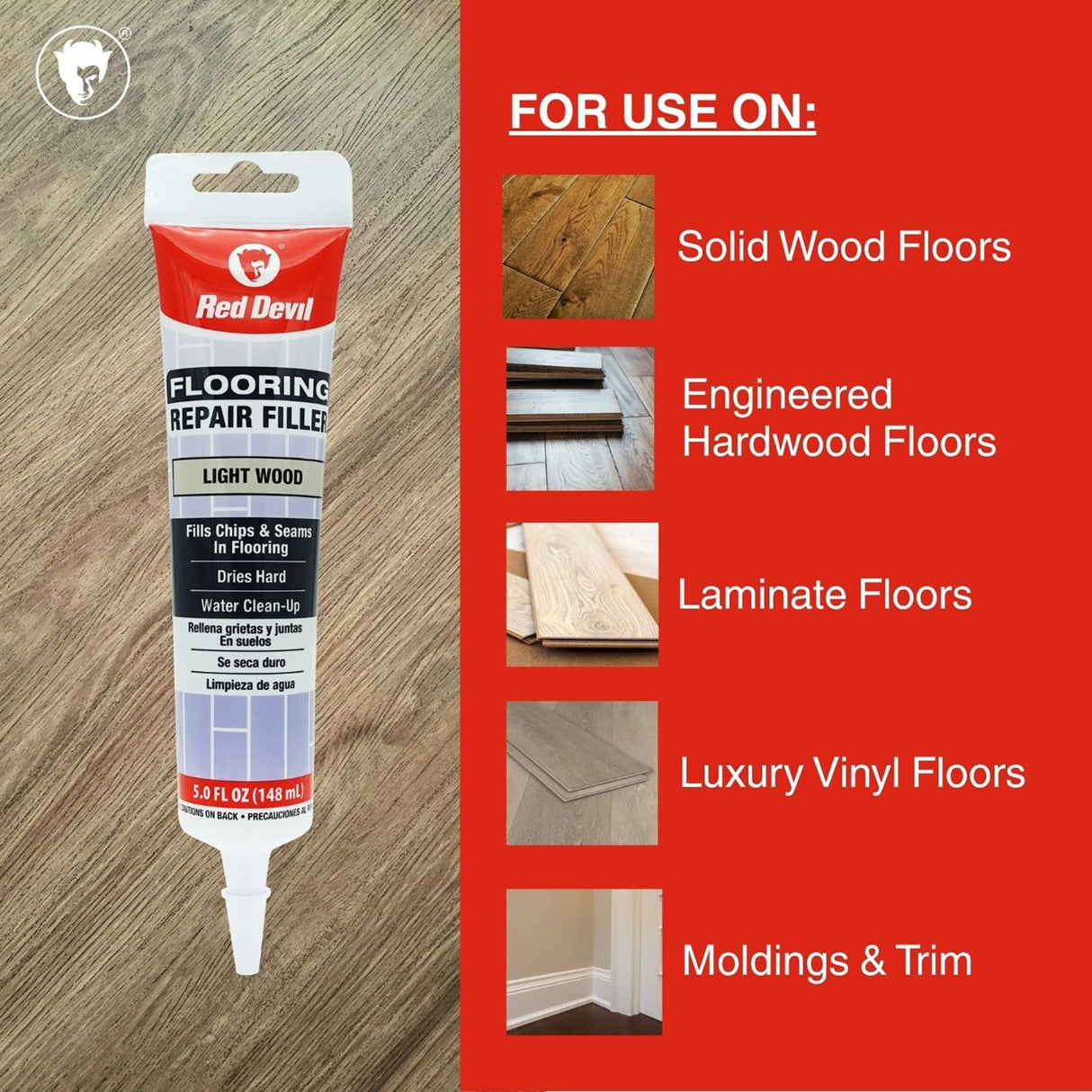 Red Devil Flooring Repair Filler. Repair Chips & Seams in Wood, Laminate, LVT & Tile - Light Wood