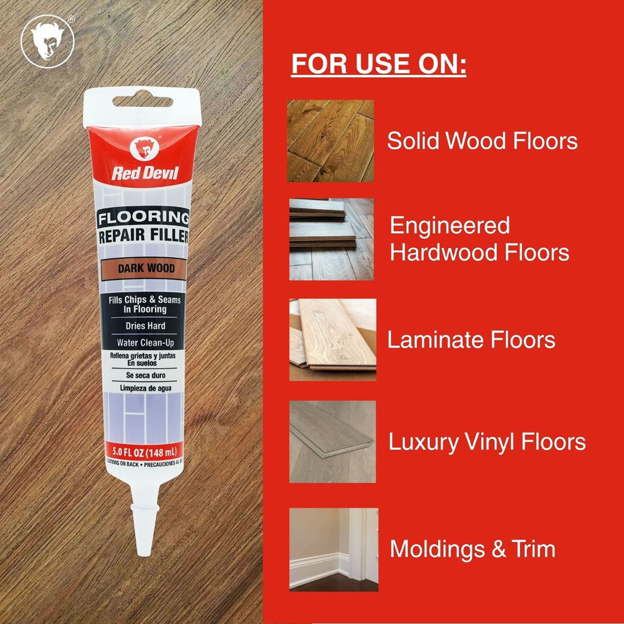 Red Devil Flooring Repair Filler. Repair Chips & Seams in Wood, Laminate, LVT & Tile - Dark Wood