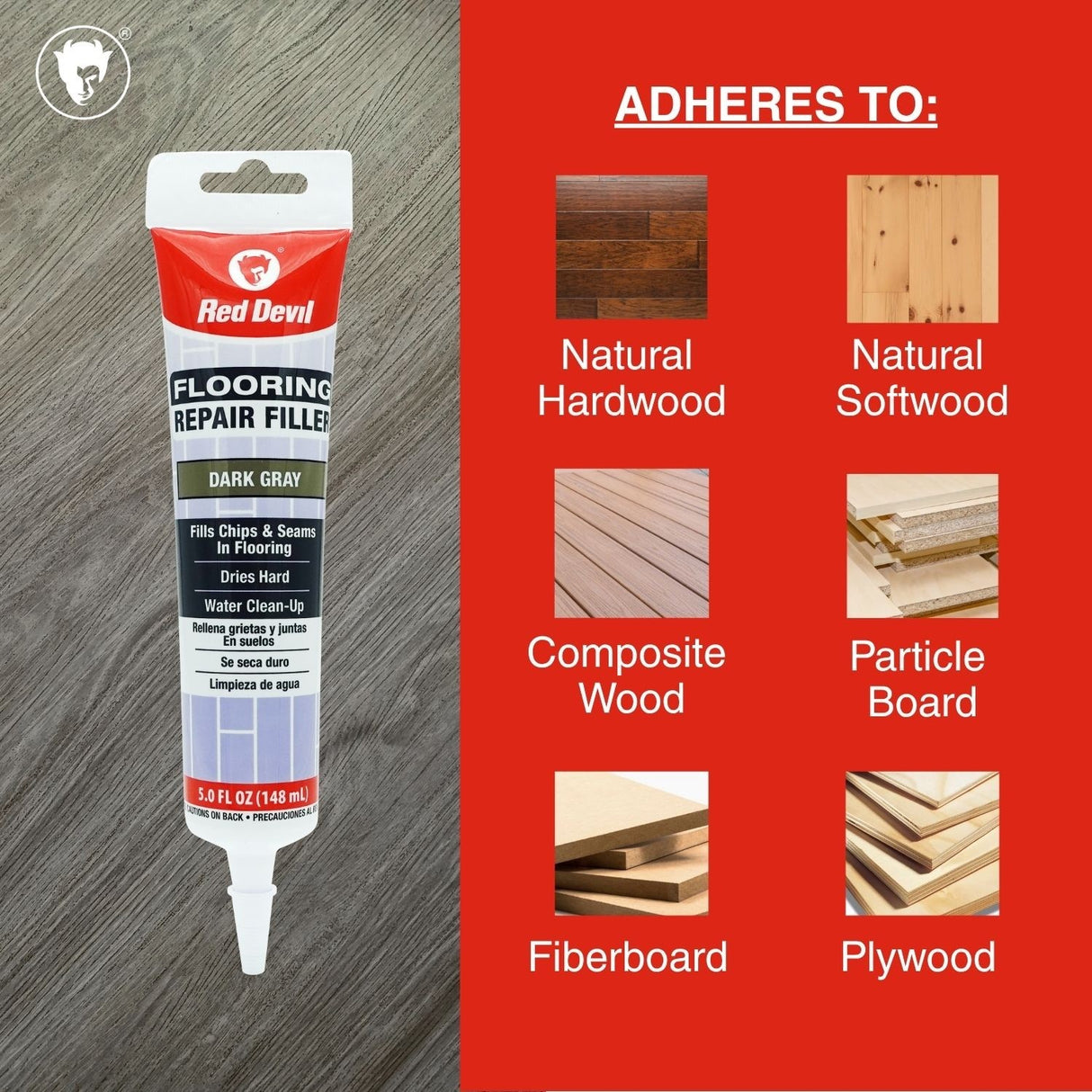 Red Devil Flooring Repair Filler. Repair Chips & Seams in Wood, Laminate, LVT & Tile - Dark Grey