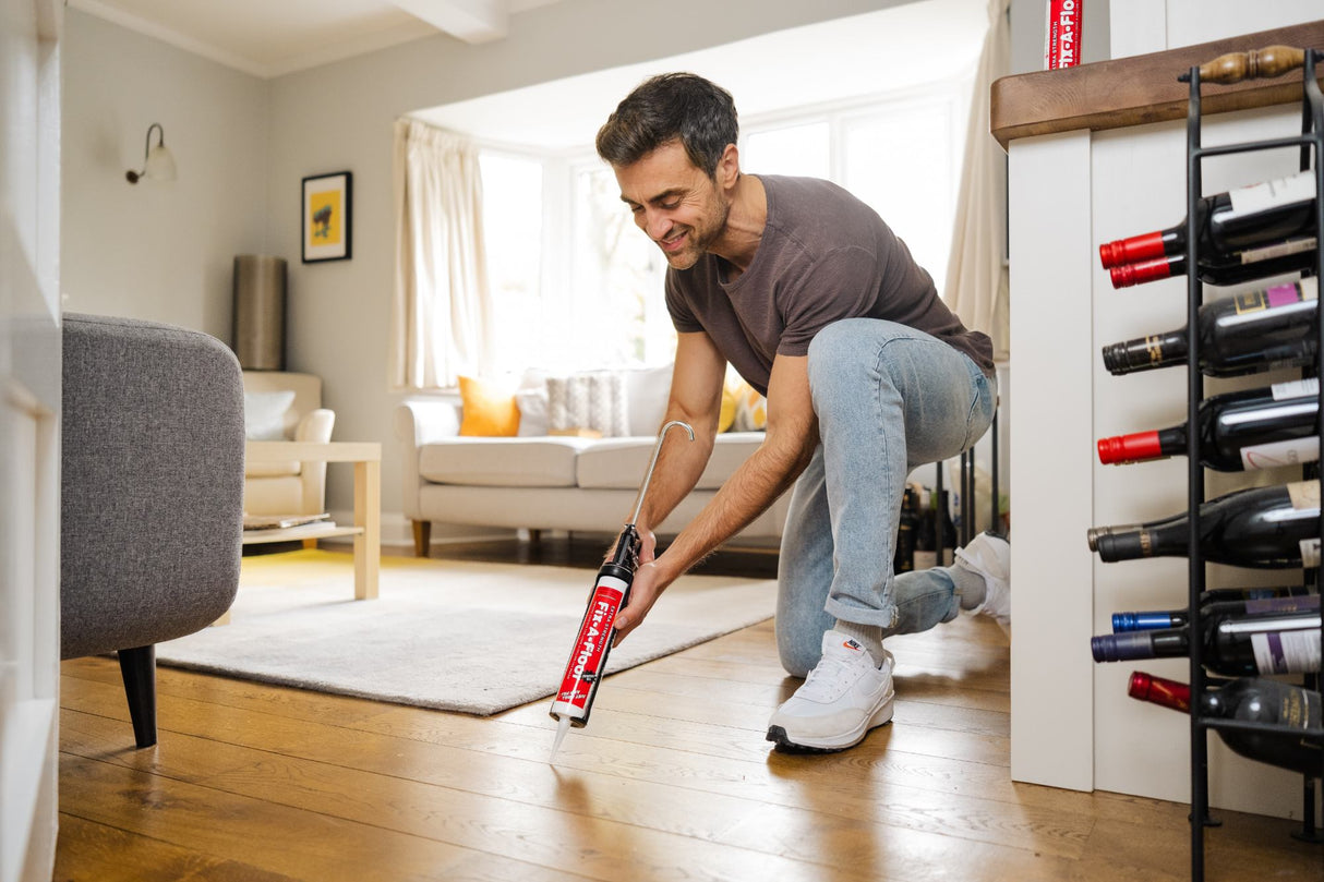 Creaky and loose wooden floor repair. Wood gap filler suitable for Oak, laminate and all types of wood flooring