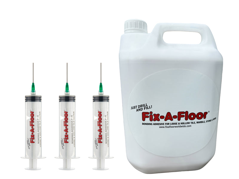 Load image into Gallery viewer, Fix-A-Floor LARGE 5 Litre Tub With 3 x 60ml Syringe applicator Kits - Extra Strength Bonding Adhesive for Loose and Hollow Tiles
