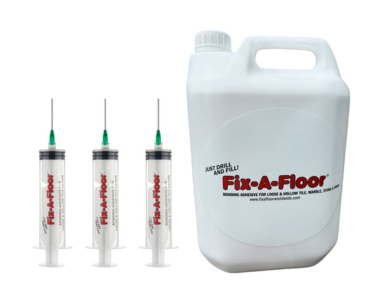 Fix-A-Floor LARGE 5 Litre Tub With 3 x 60ml Syringe applicator Kits - Extra Strength Bonding Adhesive for Loose and Hollow Tiles