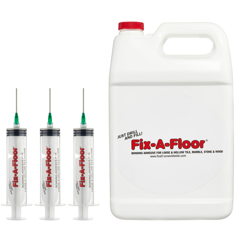Load image into Gallery viewer, Fix-A-Floor 3 Litre Tub With 3 x 60ml Syringe applicator Kits -  Extra Strength Bonding Adhesive for Loose and Hollow Tiles
