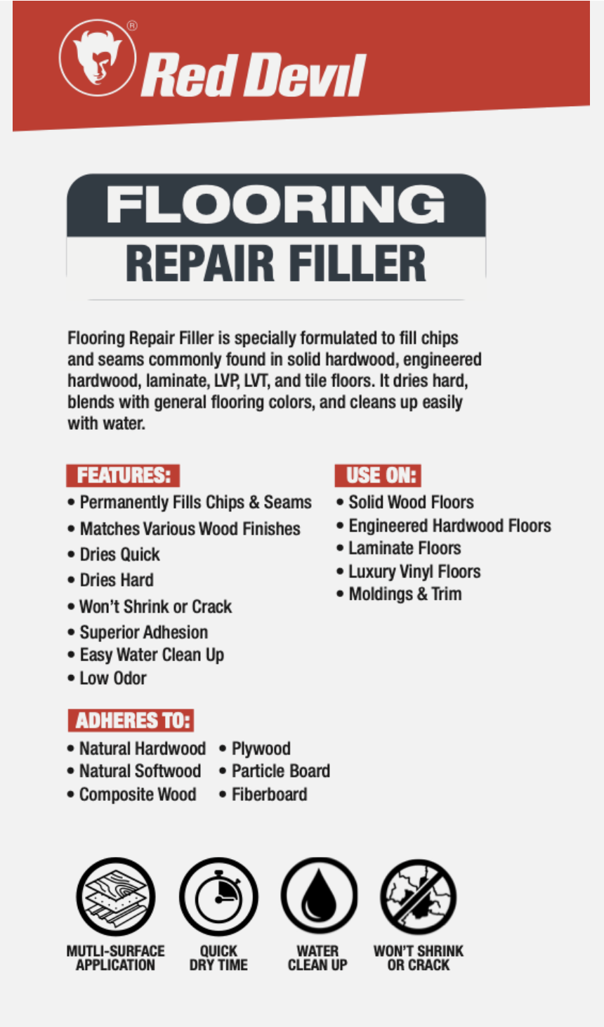 Red Devil Flooring Repair Filler. Repair Chips & Seams in Wood, Laminate, LVT & Tile - Dark Wood