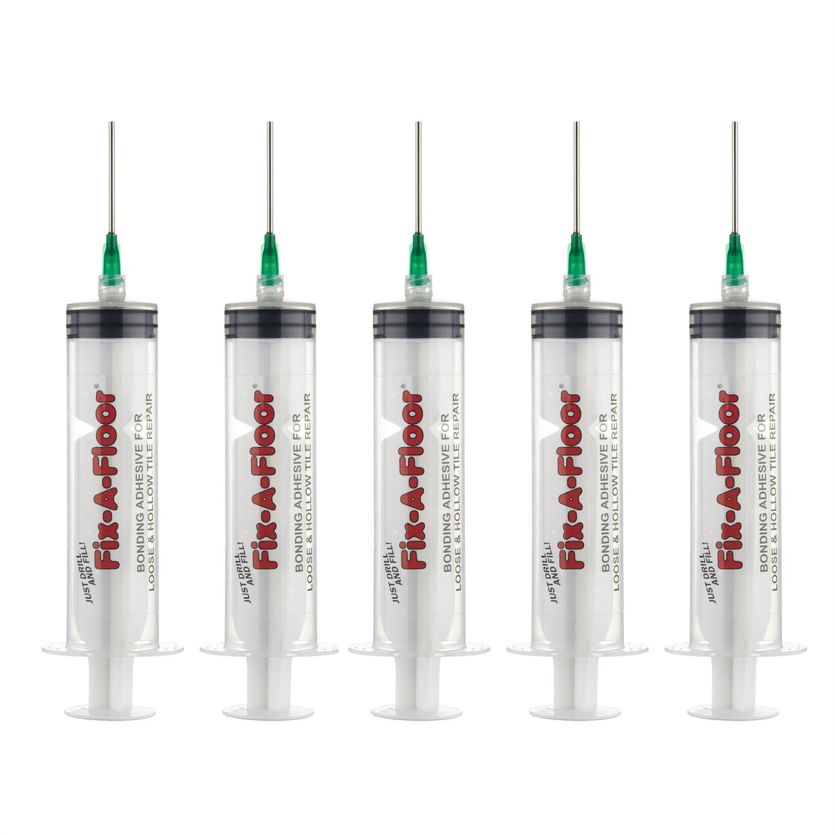 Pack of 5 Fix-A-Floor 60ml Syringe Kit with flat stainless steel needles, Plastic applicator & Sealing Caps (Adhesive Not Included)