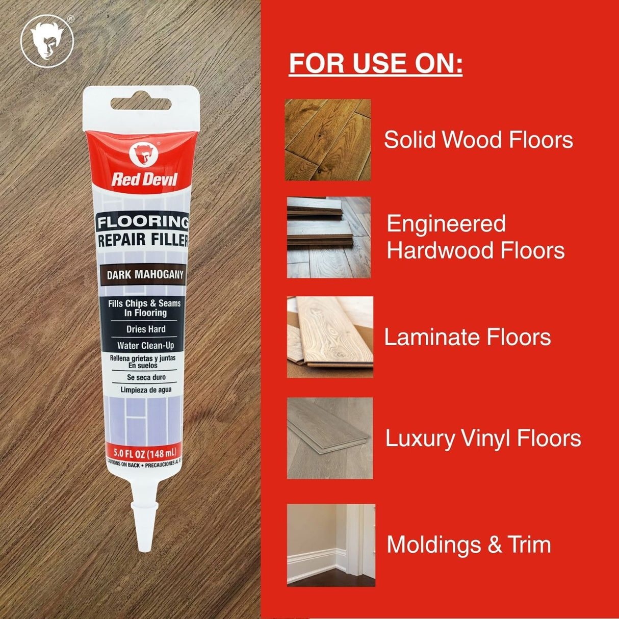 Red Devil Flooring Repair Filler. Repair Chips & Seams in Wood, Laminate, LVT & Tile - Dark Mahogany