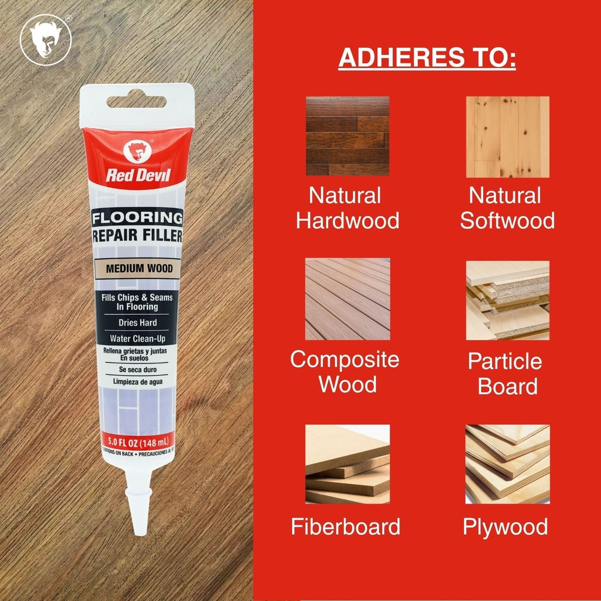 Red Devil Flooring Repair Filler. Repair Chips & Seams in Wood, Laminate, LVT & Tile - Medium Wood