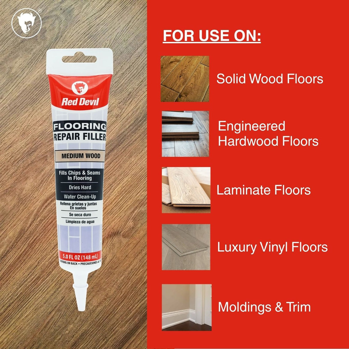 Red Devil Flooring Repair Filler. Repair Chips & Seams in Wood, Laminate, LVT & Tile - Medium Wood