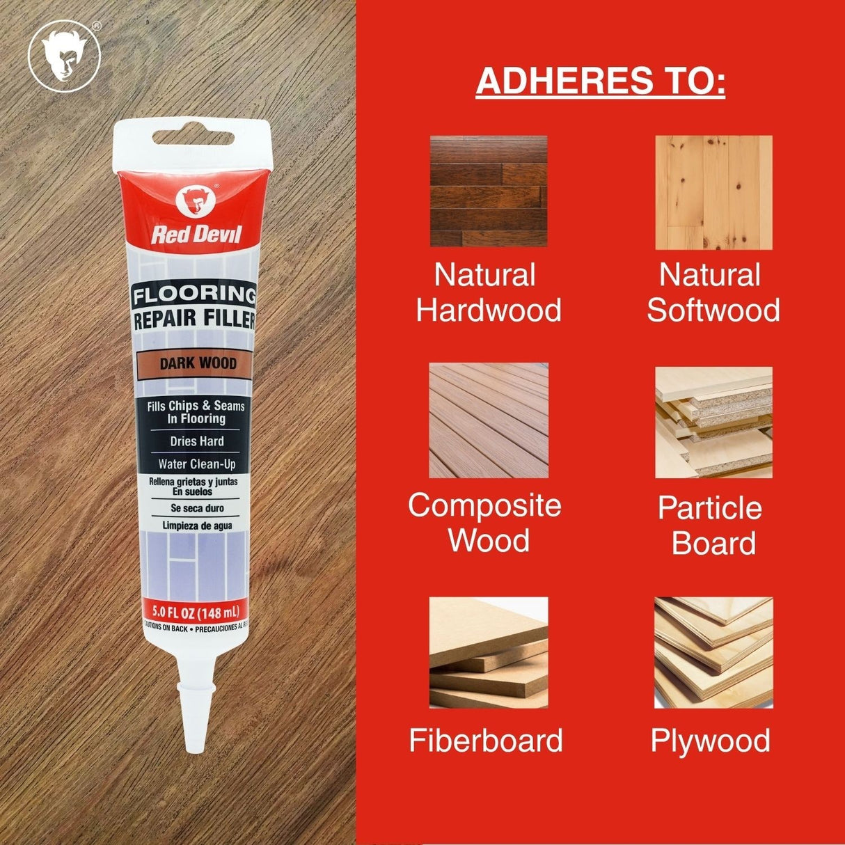 Red Devil Flooring Repair Filler. Repair Chips & Seams in Wood, Laminate, LVT & Tile - Dark Wood