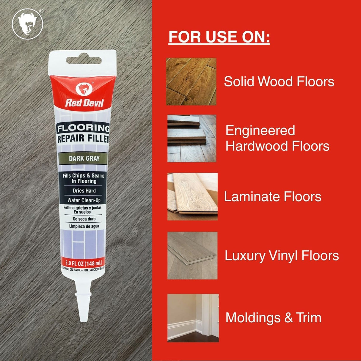 Red Devil Flooring Repair Filler. Repair Chips & Seams in Wood, Laminate, LVT & Tile - Dark Grey
