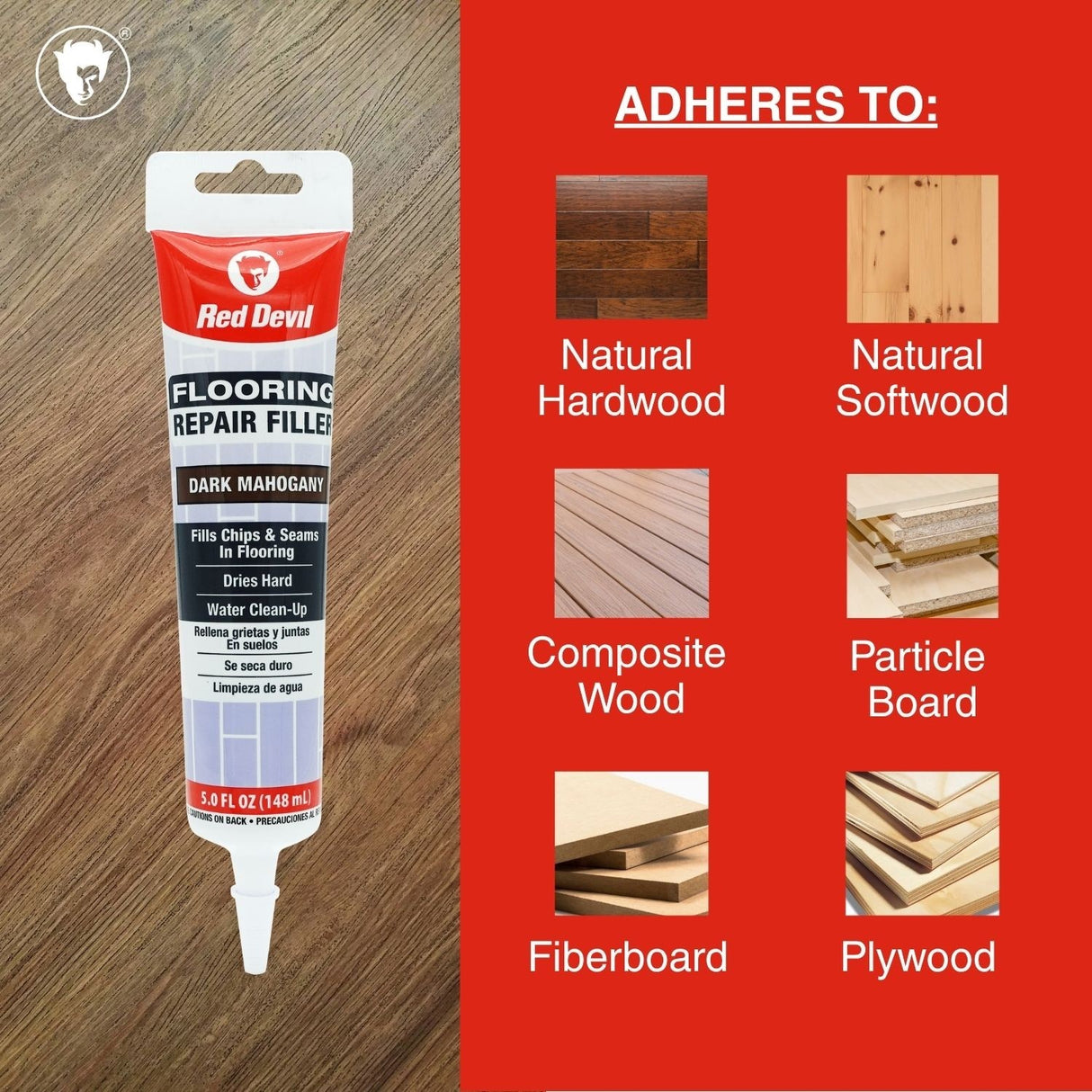 Red Devil Flooring Repair Filler. Repair Chips & Seams in Wood, Laminate, LVT & Tile - Dark Mahogany